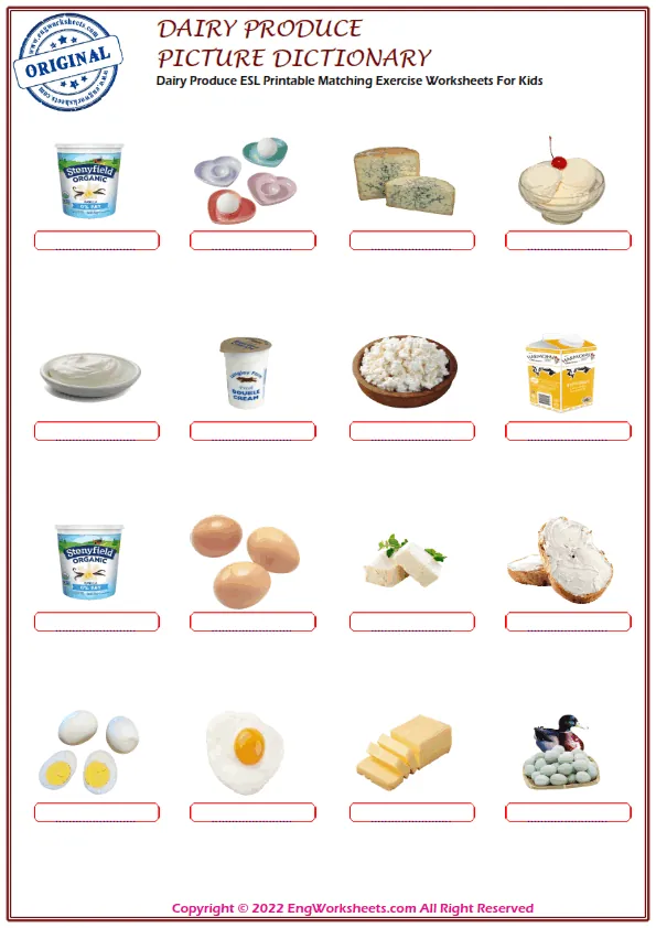 Dairy Produce ESL Printable Matching Exercise Worksheets For Kids Worksheet Preview