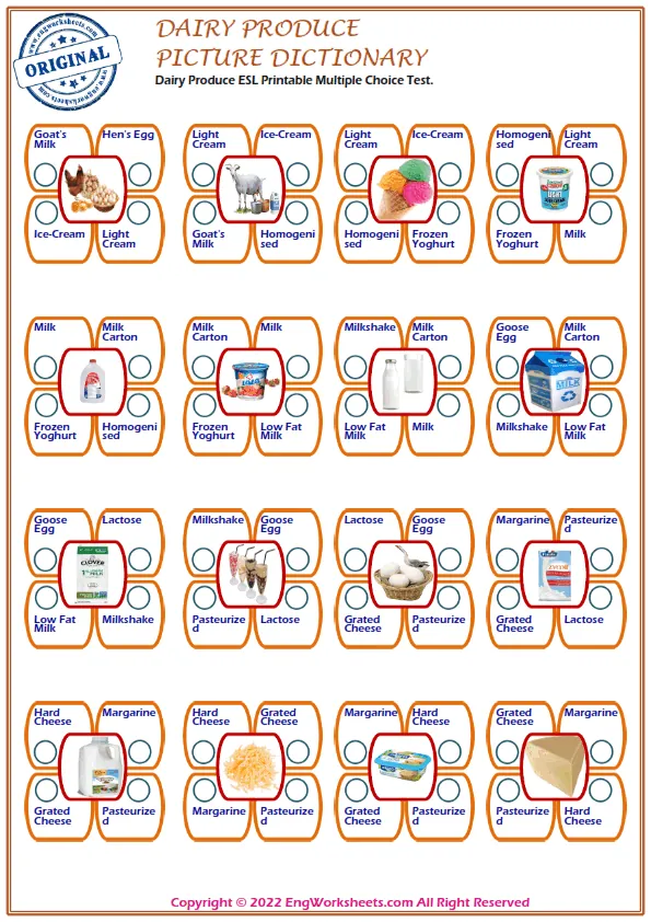 Dairy Produce ESL Printable Multiple Choice Test. Worksheet Preview