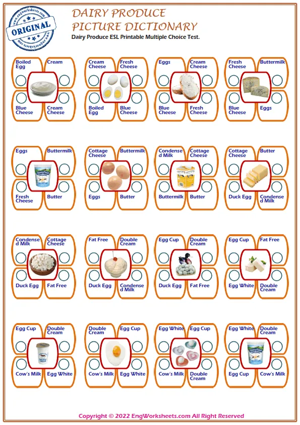 Dairy Produce ESL Printable Multiple Choice Test. Worksheet Preview