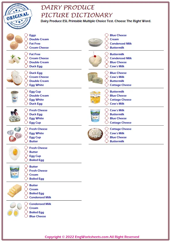 Dairy Produce ESL Printable Multiple Choice Test. Choose The Right Word. Worksheet Preview