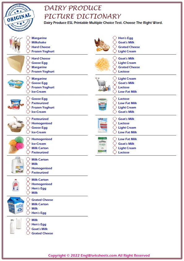 Dairy Produce ESL Printable Multiple Choice Test. Choose The Right Word. Worksheet Preview
