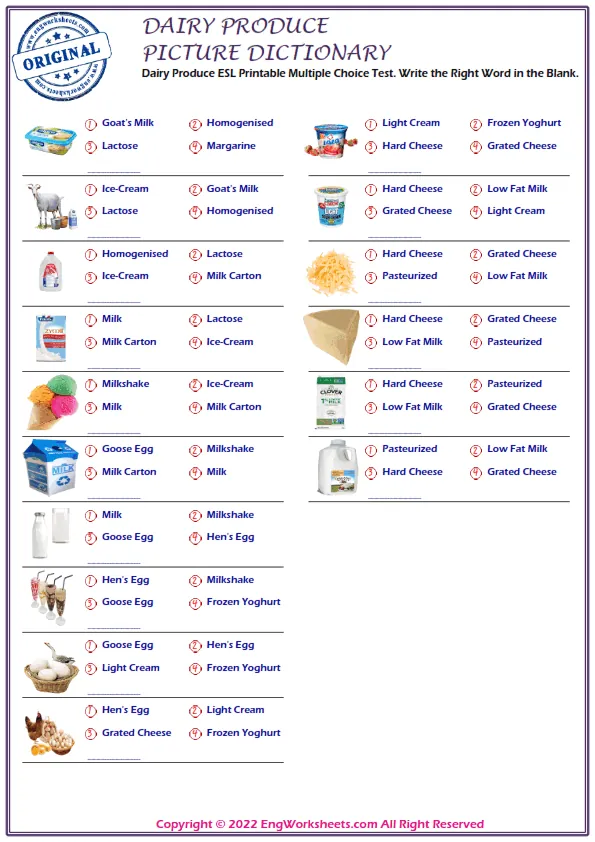 Dairy Produce ESL Printable Multiple Choice Test. Write the Right Word in the Blank. Worksheet Preview
