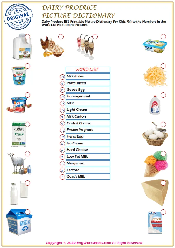 Dairy Produce ESL Printable Picture Dictionary For Kids. Write the Numbers in the Word List Next to the Pictures. Worksheet Preview