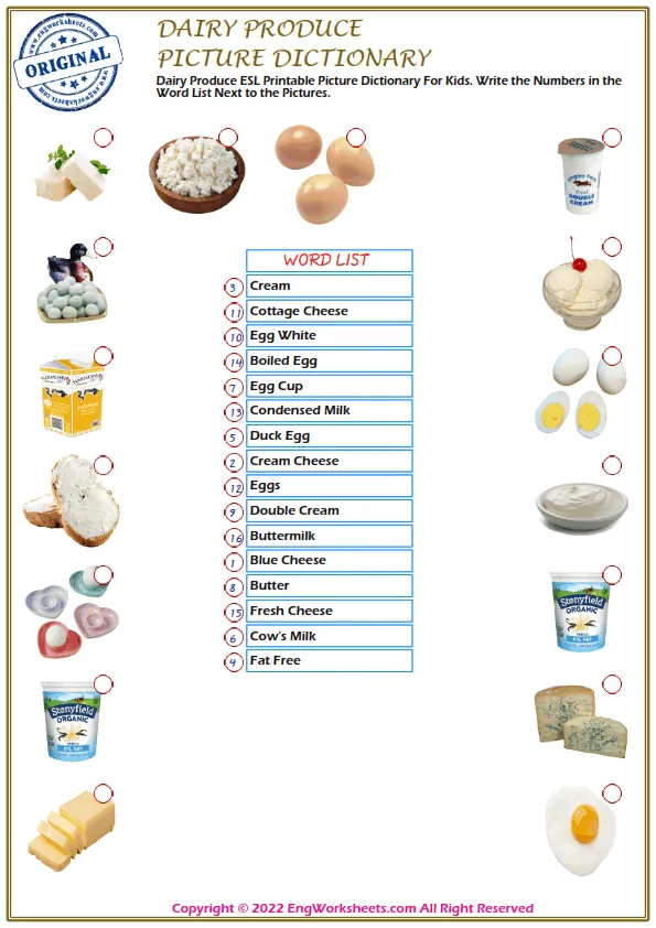 Dairy Produce ESL Printable Picture Dictionary For Kids. Write the Numbers in the Word List Next to the Pictures. Worksheet Preview