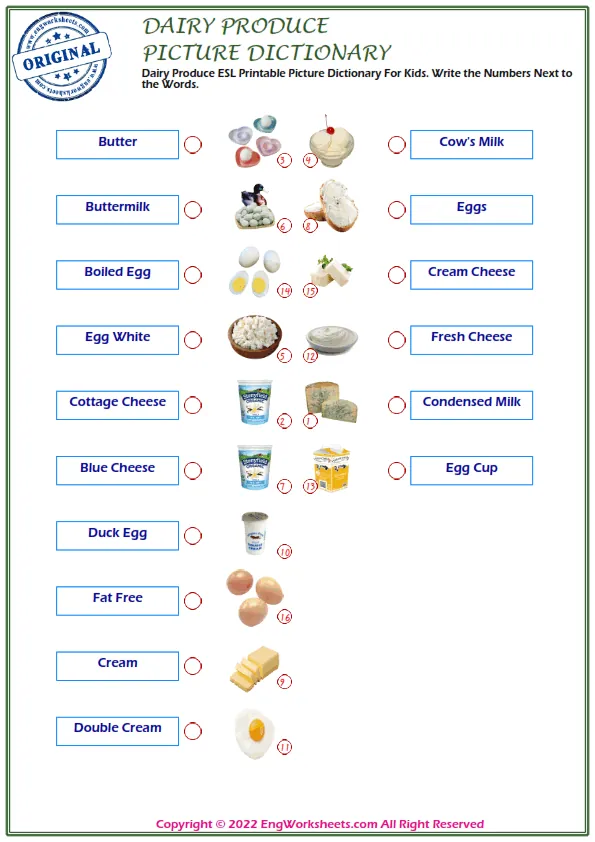 Dairy Produce ESL Printable Picture Dictionary For Kids. Write the Numbers Next to the Words. Worksheet Preview