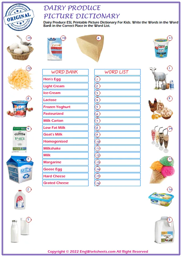 Dairy Produce ESL Printable Picture Dictionary For Kids. Write the Words in the Word Bank in the Correct Place in the Word List. Worksheet Preview