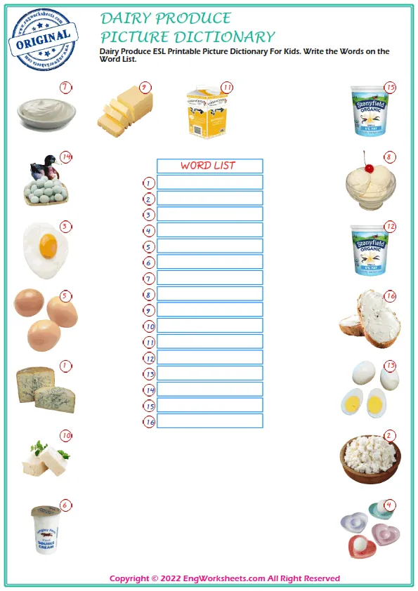 Dairy Produce ESL Printable Picture Dictionary For Kids. Write the Words on the Word List. Worksheet Preview