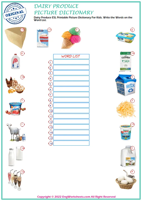 Dairy Produce ESL Printable Picture Dictionary For Kids. Write the Words on the Word List. Worksheet Preview