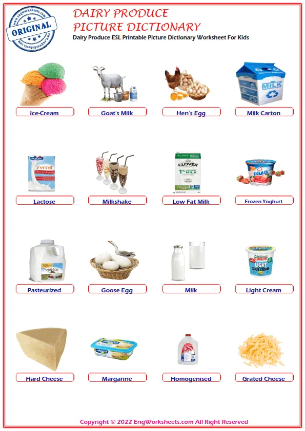 Dairy Produce ESL Printable Picture Dictionary Worksheet For Kids