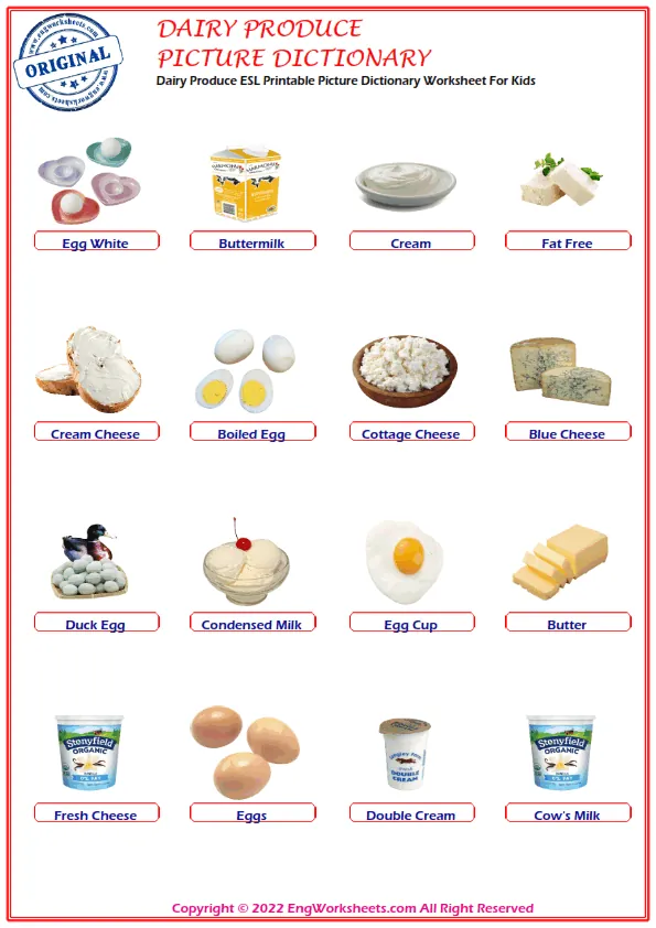 Dairy Produce ESL Printable Picture Dictionary Worksheet For Kids Worksheet Preview