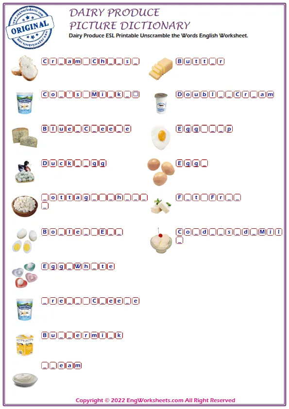 Dairy Produce ESL Printable Unscramble the Words English Worksheet. Worksheet Preview