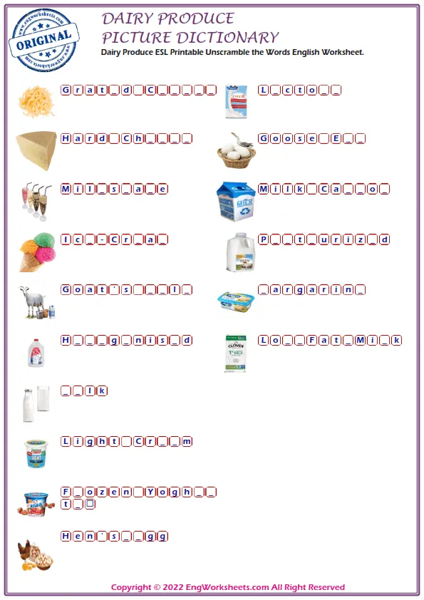 Dairy Produce ESL Printable Unscramble the Words English Worksheet. Worksheet Preview