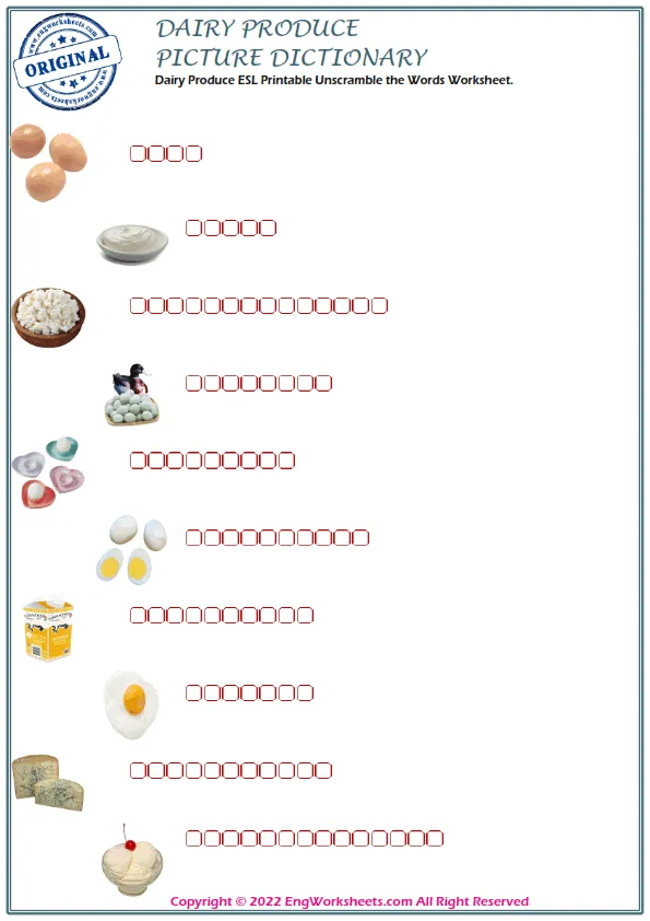Dairy Produce ESL Printable Unscramble the Words Worksheet. Worksheet Preview