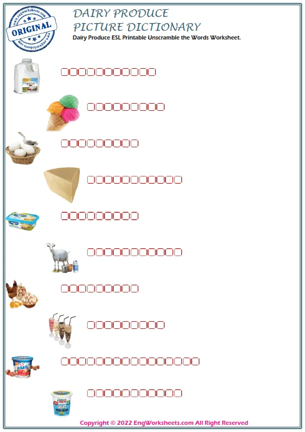Dairy Produce ESL Printable Unscramble the Words Worksheet. Worksheet Preview