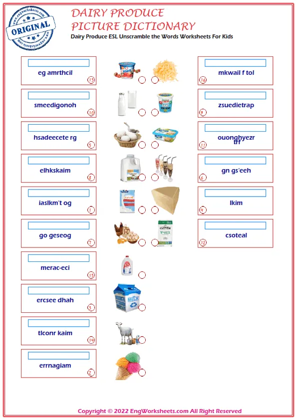 Dairy Produce ESL Unscramble the Words Worksheets For Kids Worksheet Preview