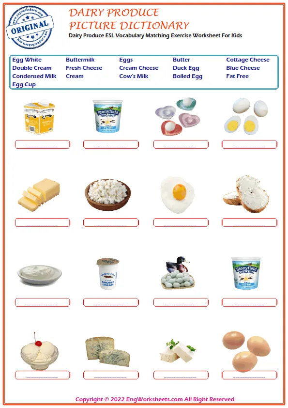 Dairy Produce ESL Vocabulary Matching Exercise Worksheet For Kids Worksheet Preview