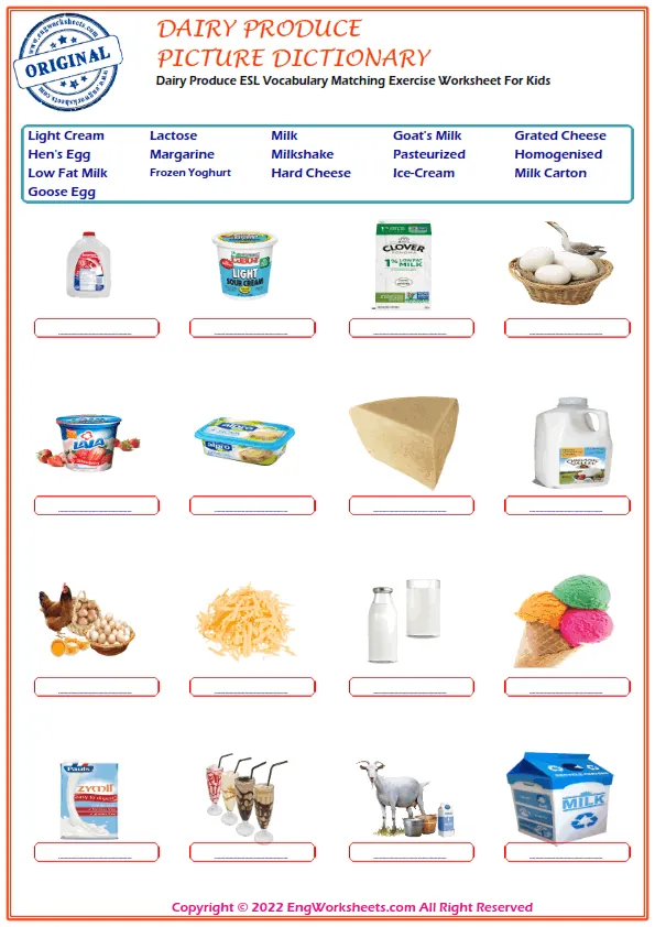 Dairy Produce ESL Vocabulary Matching Exercise Worksheet For Kids Worksheet Preview