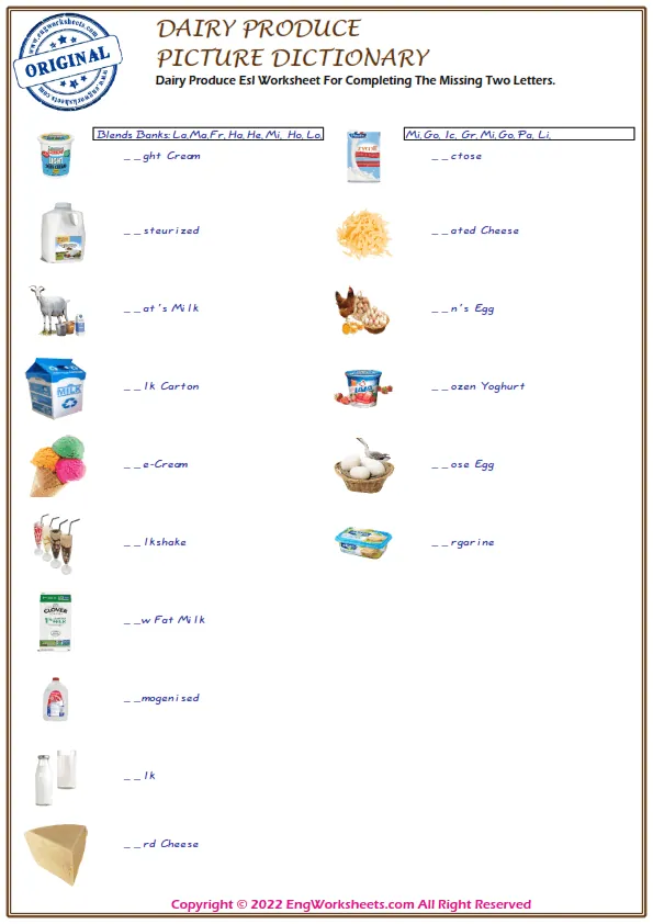 Dairy Produce Esl Worksheet For Completing The Missing Two Letters. Worksheet Preview