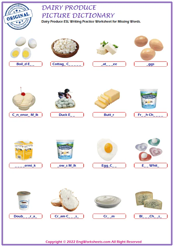 Dairy Produce ESL Writing Practice Worksheet for Missing Words. Worksheet Preview