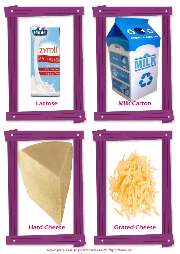 Dairy Produce vocabulary worksheet with words, four images per page Worksheet Preview