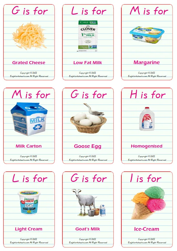 Dairy Produce vocabulary worksheet with words, nine images per page