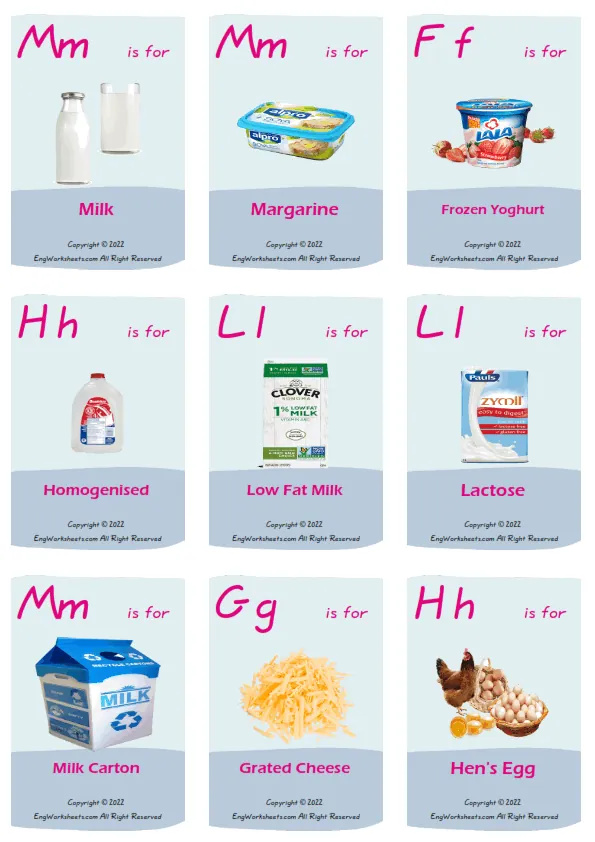 Dairy Produce vocabulary worksheet with words, nine images per page