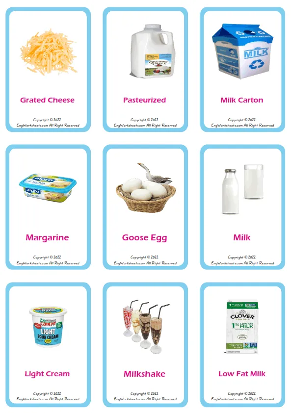 Dairy Produce vocabulary worksheet with words, nine images per page