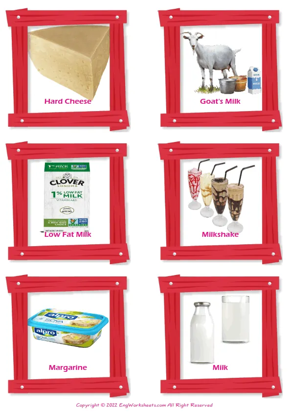 Dairy Produce vocabulary worksheet with words, six images per page Worksheet Preview