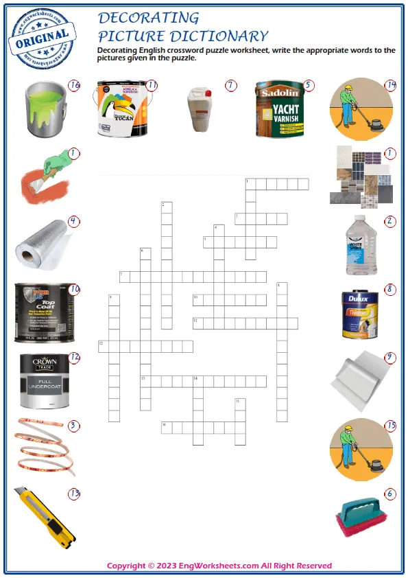 Decorating English crossword puzzle worksheet, write the appropriate words to the pictures given in the puzzle. Worksheet Preview