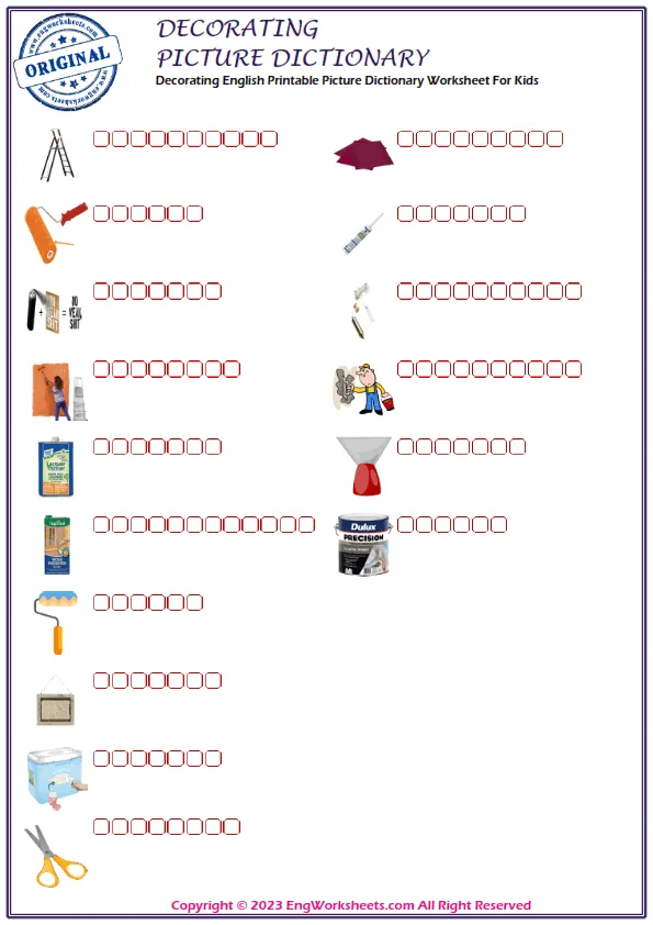 Decorating English Printable Picture Dictionary Worksheet For Kids