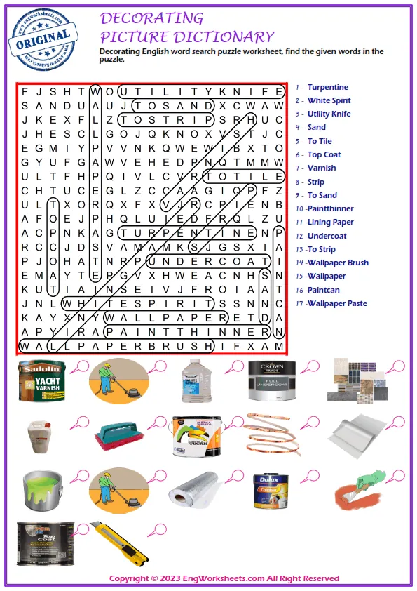 Decorating English word search puzzle worksheet, find the given words in the puzzle. Worksheet Preview