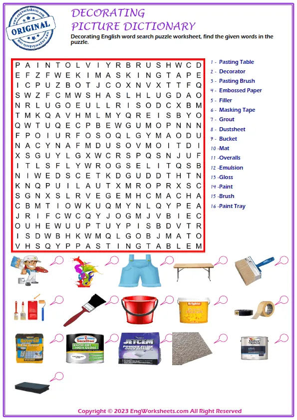 Decorating English word search puzzle worksheet, find the given words in the puzzle. Worksheet Preview