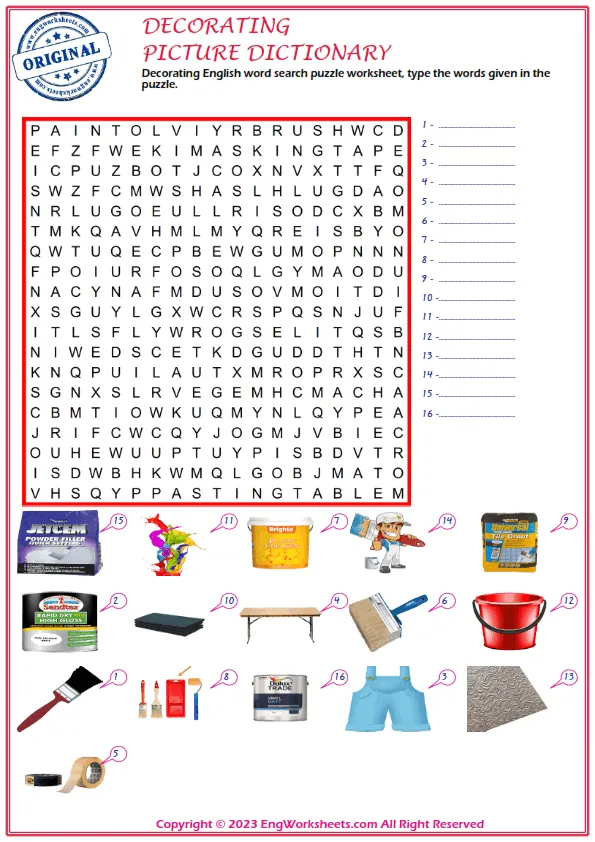Decorating English word search puzzle worksheet, type the words given in the puzzle. Worksheet Preview