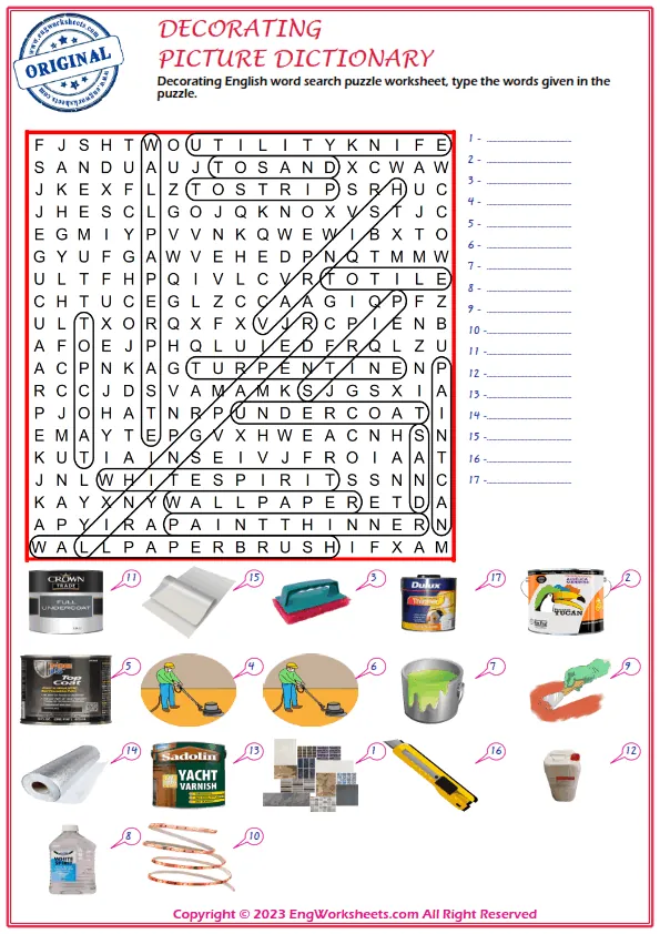 Decorating English word search puzzle worksheet, type the words given in the puzzle. Worksheet Preview