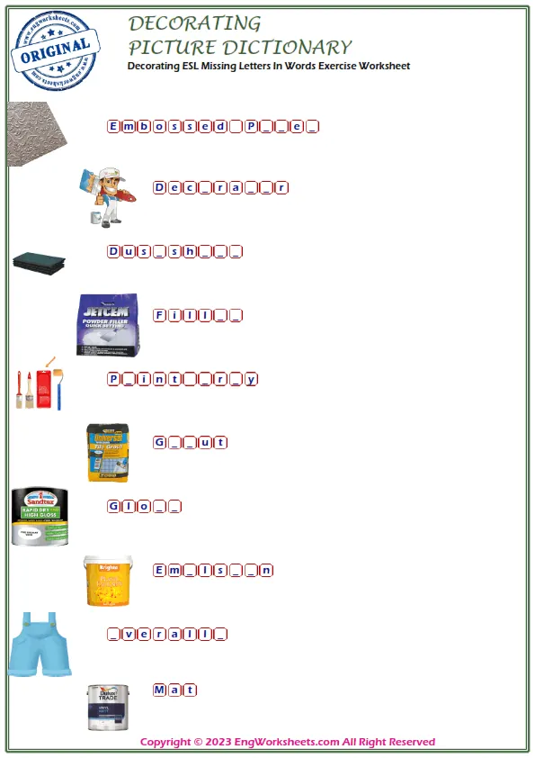 Decorating ESL Missing Letters In Words Exercise Worksheet Worksheet Preview