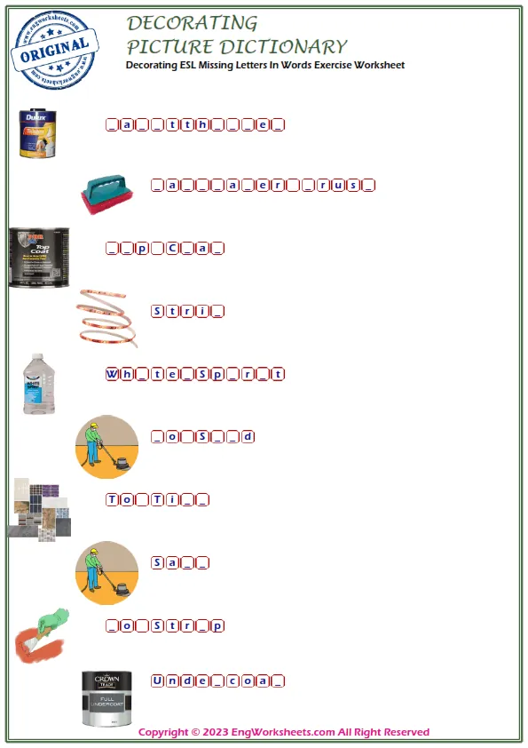 Decorating ESL Missing Letters In Words Exercise Worksheet Worksheet Preview