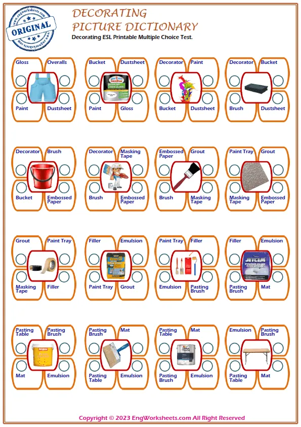 Decorating ESL Printable Multiple Choice Test. Worksheet Preview