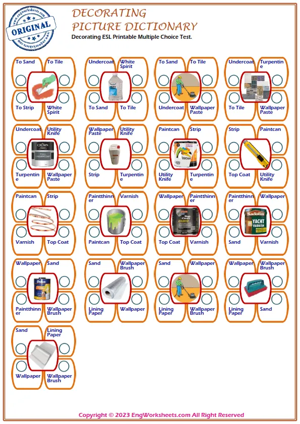 Decorating ESL Printable Multiple Choice Test. Worksheet Preview