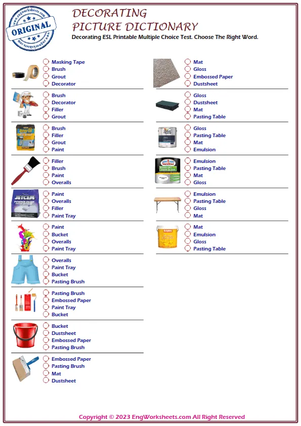 Decorating ESL Printable Multiple Choice Test. Choose The Right Word. Worksheet Preview