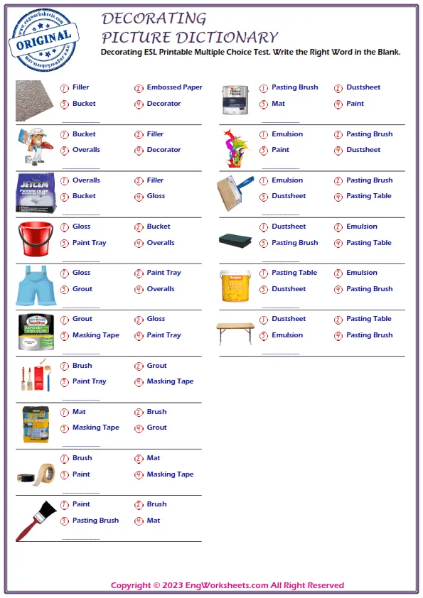 Decorating ESL Printable Multiple Choice Test. Write the Right Word in the Blank.