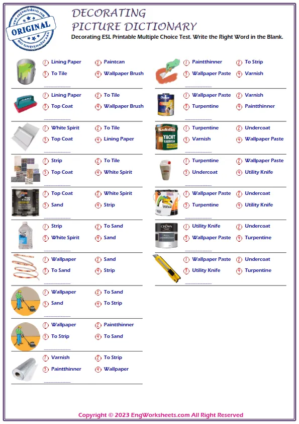 Decorating ESL Printable Multiple Choice Test. Write the Right Word in the Blank. Worksheet Preview