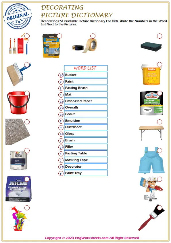 Decorating ESL Printable Picture Dictionary For Kids. Write the Numbers in the Word List Next to the Pictures. Worksheet Preview