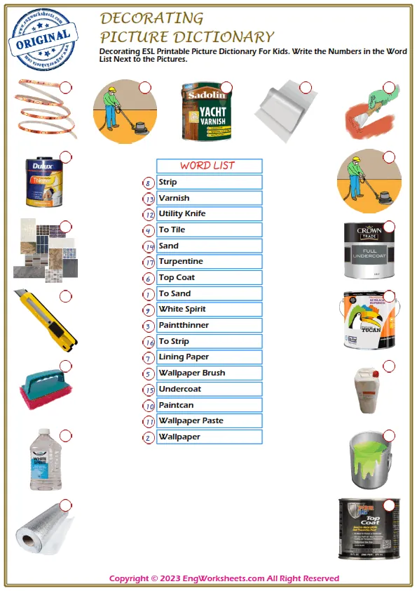 Decorating ESL Printable Picture Dictionary For Kids. Write the Numbers in the Word List Next to the Pictures. Worksheet Preview