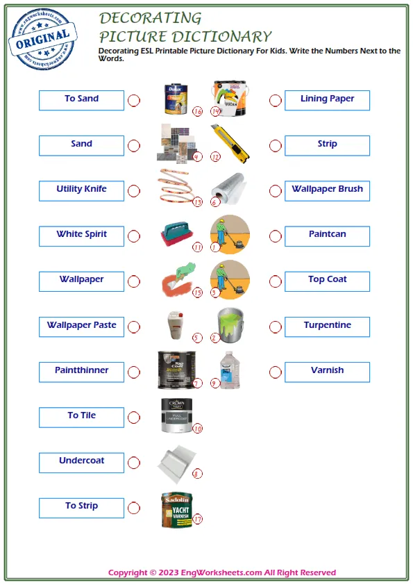 Decorating ESL Printable Picture Dictionary For Kids. Write the Numbers Next to the Words.