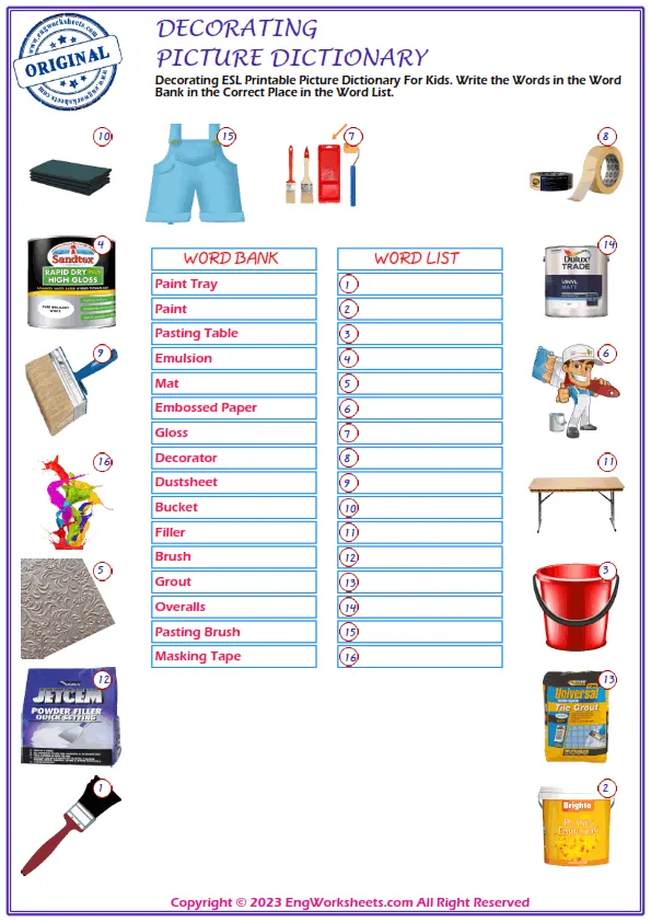Decorating ESL Printable Picture Dictionary For Kids. Write the Words in the Word Bank in the Correct Place in the Word List. Worksheet Preview