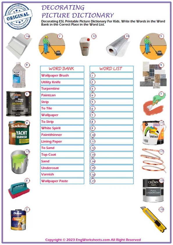 Decorating ESL Printable Picture Dictionary For Kids. Write the Words in the Word Bank in the Correct Place in the Word List. Worksheet Preview