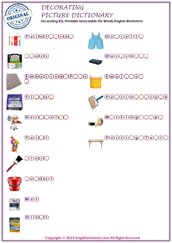Decorating ESL Printable Unscramble the Words English Worksheet.