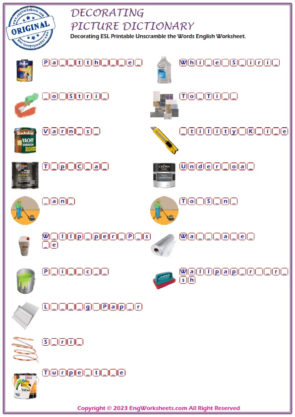Decorating ESL Printable Unscramble the Words English Worksheet. Worksheet Preview