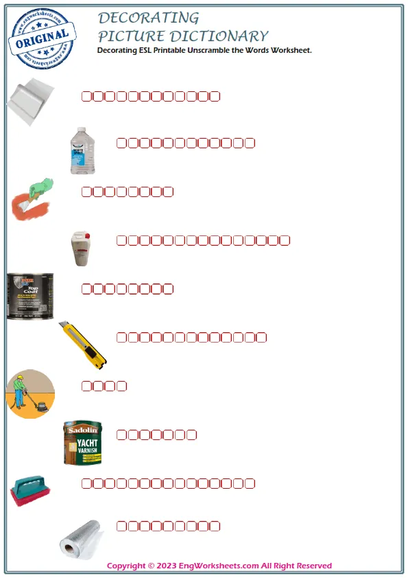 Decorating ESL Printable Unscramble the Words Worksheet. Worksheet Preview