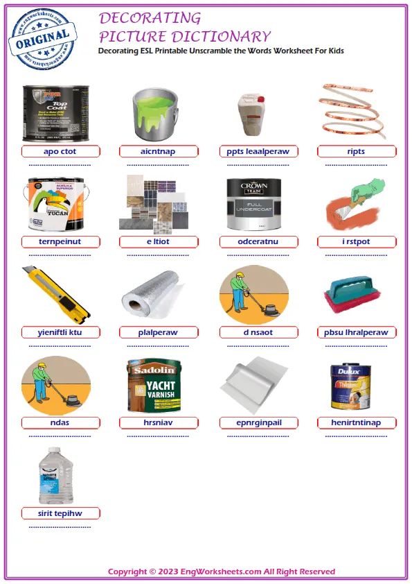 Decorating ESL Printable Unscramble the Words Worksheet For Kids Worksheet Preview